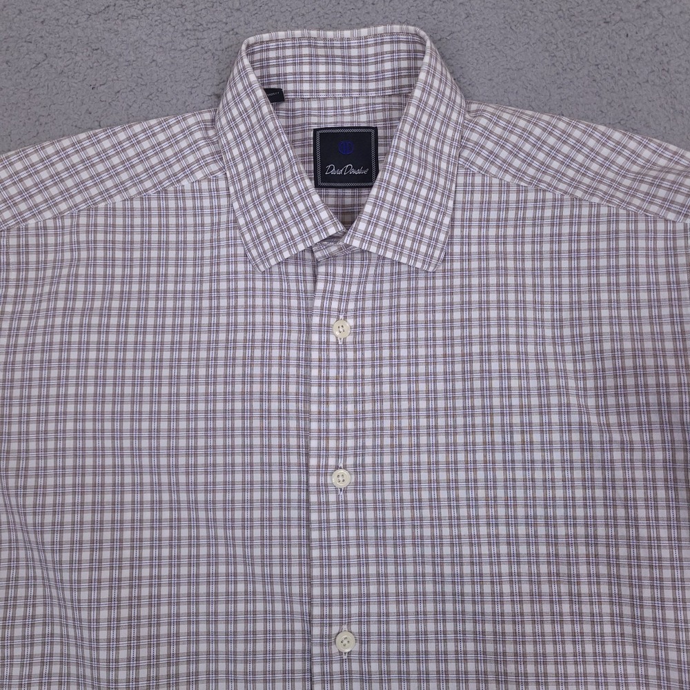 David Donahue Dress Shirt Mens 15.5 34/35 White Plaid Cotton Long Sleeve